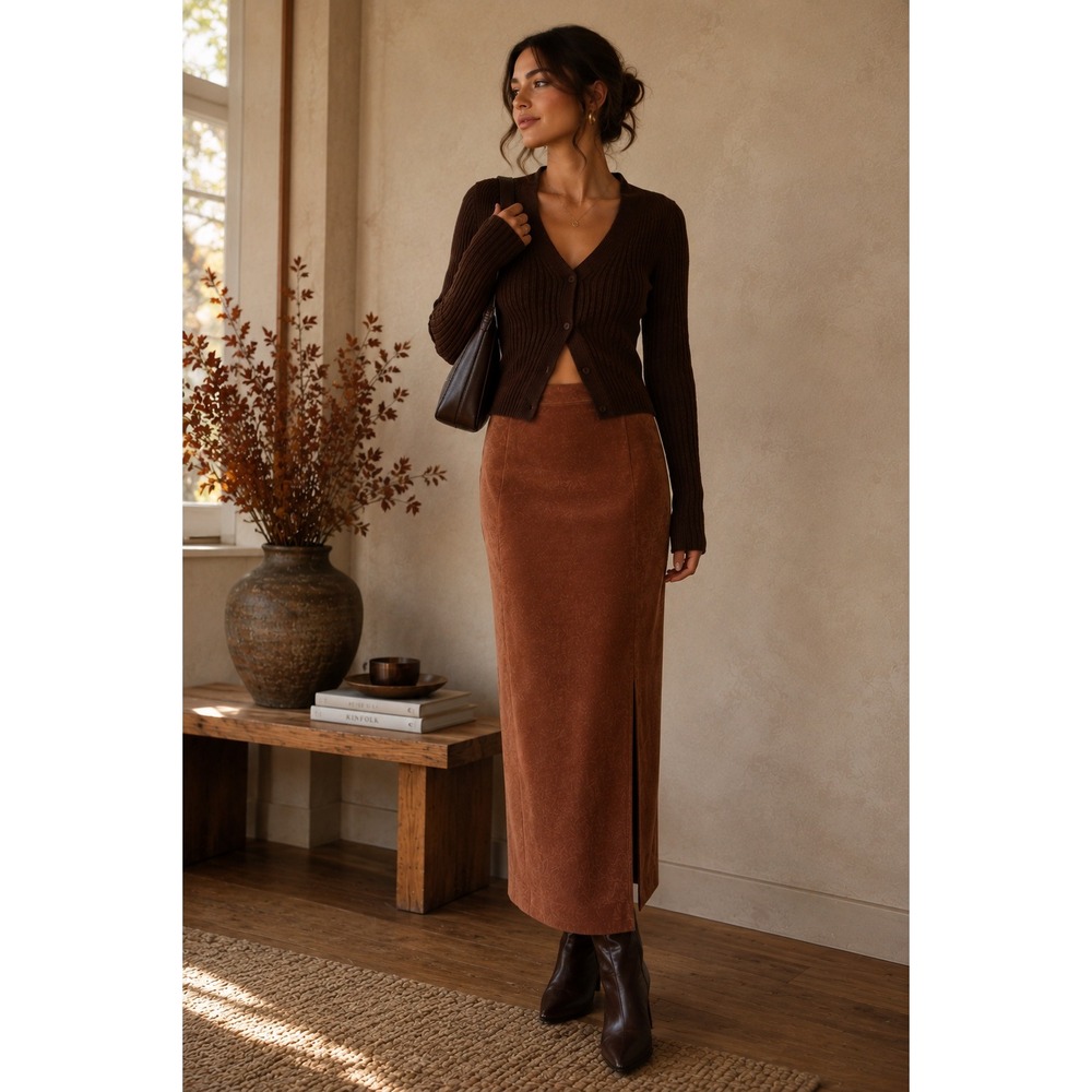 Vintage Y2K Brown Column Maxi Skirt 6 Side Slit Minimalist Fallcore Office Siren
